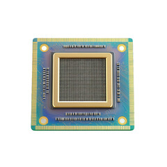 a computer microprocessor or chip. showcasing its intricate design with a square shape. gold accents. and a patterned surface. indicating its role in electronic devices for processing data