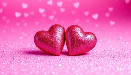 Obraz premium Zwei glänzende rote Herzen auf einem sanft glitzernden rosa Hintergrund symbolisieren Liebe und Romantik – ideal für Valentinstag oder Hochzeitskarten. Generative KI.