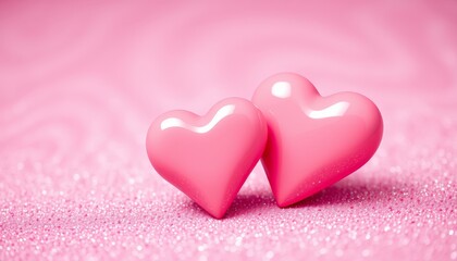 Obraz premium Zwei glänzende rosa Herzen auf glitzerndem Hintergrund symbolisieren Liebe, Romantik und Zuneigung – perfekt für Valentinstag oder Grußkarten. Generative KI.