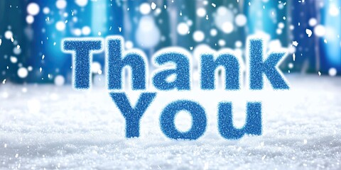 A vibrant thank you message displays in sparkling blue against a soft white snowy landscape, capturing the spirit of appreciation during the winter season