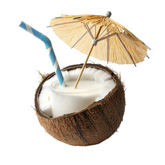coconut half filled with milk. adorned with a straw and a small umbrella. suggesting a tropical drink or a refreshing beverage the presentation is playful and evokes a sense of leisure and relaxation.