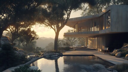 Modern architectural home surrounded by nature, featuring a pool and serene landscape.