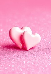 Obraz premium Zwei glänzende rosa Herzen auf glitzerndem Hintergrund symbolisieren Liebe, Romantik und Zuneigung – perfekt für Valentinstag oder Grußkarten. Generative KI.