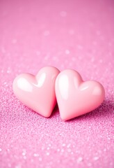 Obraz premium Zwei glänzende rosa Herzen auf glitzerndem Hintergrund symbolisieren Liebe, Romantik und Zuneigung – perfekt für Valentinstag oder Grußkarten. Generative KI.