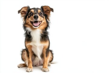 Adorable mixed breed dog sitting and panting on white background