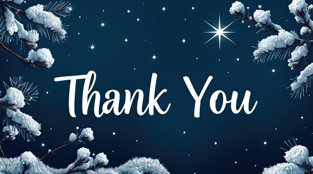 A heartfelt thank you banner lights up a serene winter night, framed by frosted pine branches under a sparkling starry sky