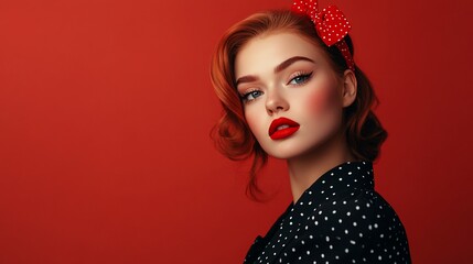 Naklejka premium Redhead woman with red bow and polka dot dress.