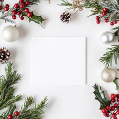 Blank card mockup surrounded by festive Christmas decorations.