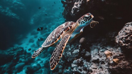 Fototapeta premium Graceful Turtles Gliding Through Coral Reef Waters