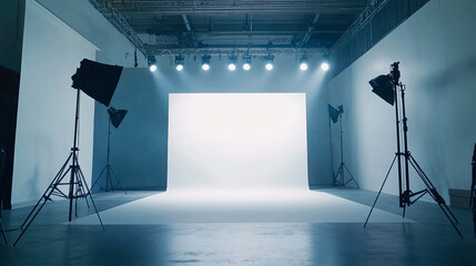 Professional photography studio with lighting equipment and backdrop setup