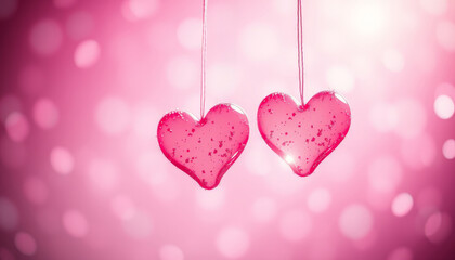 Zwei gl&auml;nzende  Herzen h&auml;ngen an d&uuml;nnen F&auml;den vor einem romantischen, verschwommenen Bokeh-Hintergrund in Pinkt&ouml;nen. Perfekt f&uuml;r Liebeserkl&auml;rung und Valentinstag. Generative KI.
