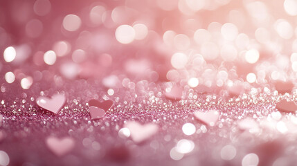 Romantic scene of tiny heart bokeh on light pink background, evoking love