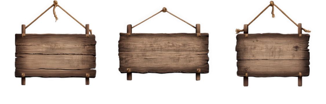 three rustic wooden signs hanging from ropes. each with a weathered appearance. suggesting they could be used for signage or decoration their blank surfaces indicate they can be customized for various