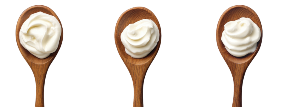 three wooden spoons. each holding a dollop of creamy substance. likely mayonnaise or a similar condiment the spoons are arranged side by side against a plain white background. emphasizing the texture