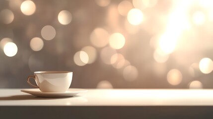 Fototapeta premium A softly lit, bokeh background creates a blurred effect behind an empty white table in , in HD and realistic quality