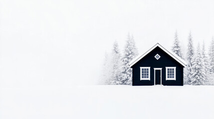 Solitary black cabin in snowy forest with frosted pine trees
