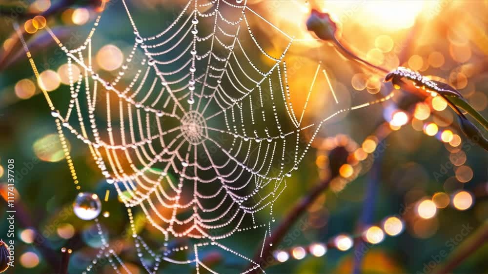Poster Close up of spider web adorned with dew drops glistening in sunlight, creating magical atmosphere in nature with beautiful bokeh effects and water droplets in morning.