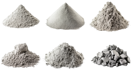 various piles of gray powders. likely representing different types of cement or construction materials. arranged in a grid format the textures and shades vary. indicating distinct compositions or purp