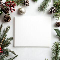 Blank card surrounded by festive greenery, berries, and pine cones.