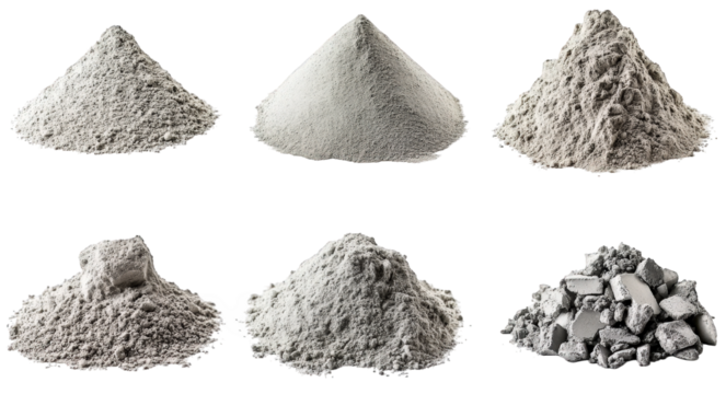 various piles of gray powders. likely representing different types of cement or construction materials. arranged in a grid format the textures and shades vary. indicating distinct compositions or purp