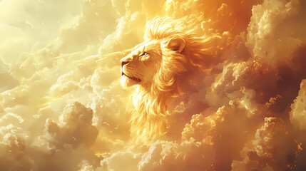 Majestic lion gazes heavenward in golden cloudscape. Ravenwood. Illustration