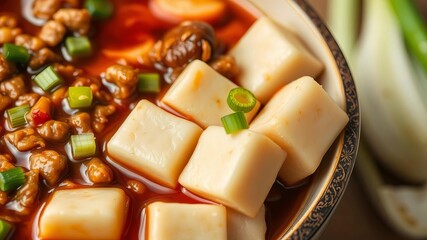 Close up of a delicious bowl of mapo tofu with soft tofu, spicy sauce, ground meat, and green onions, showcasing Chinese comfort food and vegetarian options, bowl, spicy sauce, Chinese cuisine
