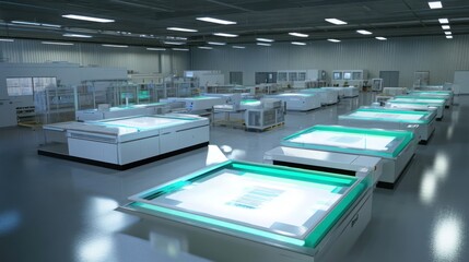 Obraz premium Digitalized stock production with AI-driven machines, precision robotics, seamless automation, bright high-tech industrial setting 