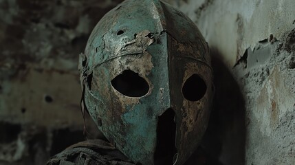 Greek bronze helmet from the 5th century BC, aged and tarnished, with worn patina 