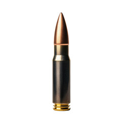 single bullet cartridge. showcasing its metallic casing and pointed tip. highlighting its design and purpose for use in firearms the bullet is presented against a plain white background. emphasizing i