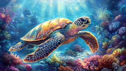 Fototapeta premium Turtles Swimming in Vibrant Coral Reef Waters