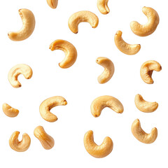 scattered cashew nuts arranged on a light background. showcasing their unique curved shapes and creamy texture the composition highlights the natural appeal of these nuts. making it suitable for food-