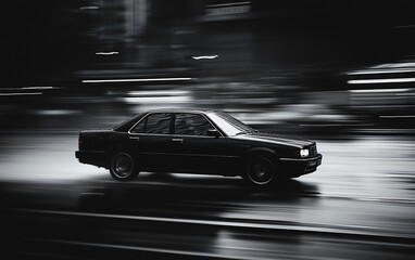 Black sedan speeding on wet city street at night, motion blur.