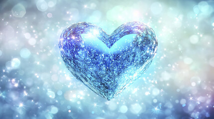 Fototapeta premium glossy blue heart sparkles against dreamy background of light