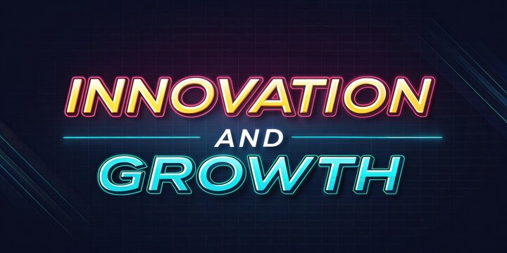 Innovation and growth: futuristic neon text design with technological flair