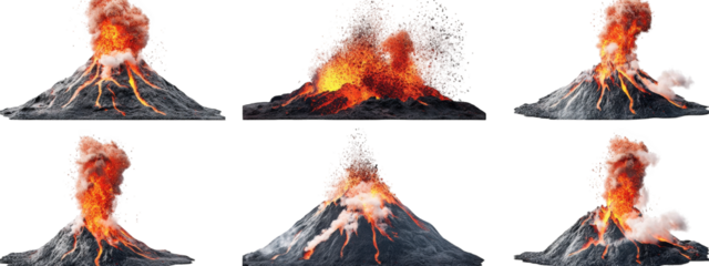 a sequence of six panels depicting a volcanic eruption. illustrating the dynamic process of lava spewing. ash clouds forming. and explosive activity the visuals emphasize the power and beauty of natur