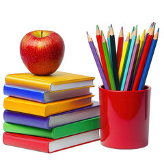 stack of colorful books topped with a red apple. alongside a red container filled with vibrant colored pencils the arrangement suggests a study or educational theme. ideal for a classroom or creative