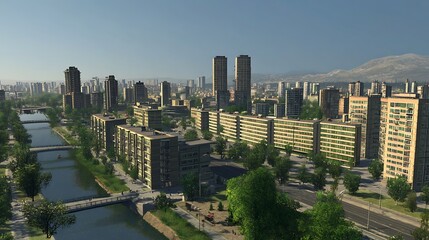 Obraz premium A cityscape featuring modern buildings, rivers, and green spaces under a clear sky.