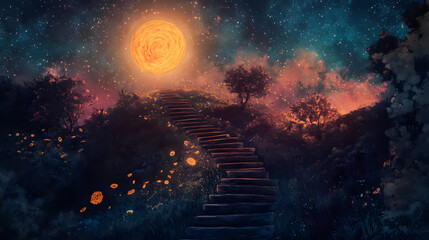 Fototapeta premium Celestial stairway ascending through a starry night. Ravenwood. Illustration