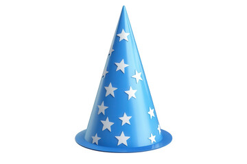 blue party hat shaped like a cone. adorned with white stars it is commonly used for celebrations such as birthdays. holidays. or festive events. adding a playful and cheerful touch to gatherings
