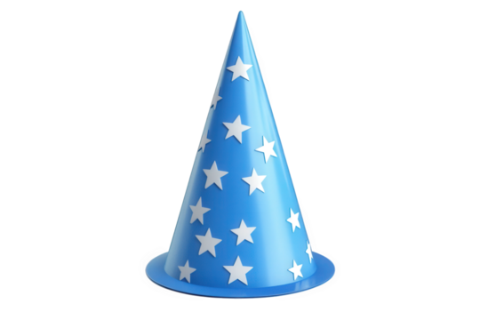 blue party hat shaped like a cone. adorned with white stars it is commonly used for celebrations such as birthdays. holidays. or festive events. adding a playful and cheerful touch to gatherings