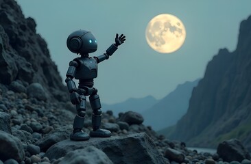 A sad robot stretches out its hand to the moon