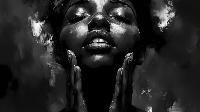 Emotive black and white portrait womans face in prayer eyes lifted heavenward dramatic chiaroscuro lighting textured skin raw emotion visible. Ravenwood. Illustration