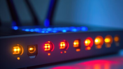 Close up of a wireless internet router with flashing led lights indicating network activity in a dimly lit environment, highlighting the concept of data transmission and connectivity
