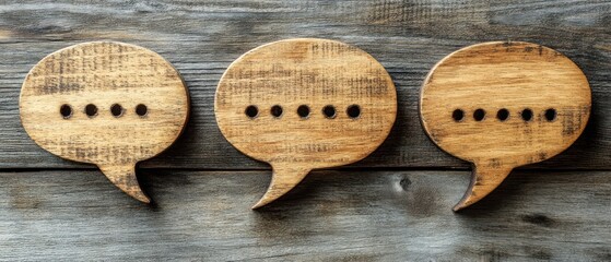Three wooden speech bubble shapes on a rustic wooden surface.