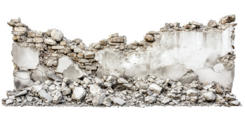 a dilapidated wall made of bricks and concrete. partially crumbled and surrounded by debris it illustrates the effects of decay and destruction. possibly from a building that has undergone significant