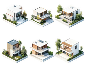 six modern architectural designs of houses. each featuring unique styles. materials. and...