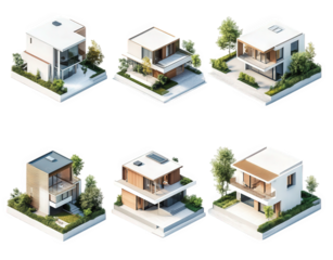 six modern architectural designs of houses. each featuring unique styles. materials. and landscaping the presentation highlights contemporary aesthetics and variations in residential architecture. sui