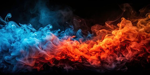 Fototapeta premium Abstract dark red, orange, and blue neon flames; vintage smoke gradient photography.