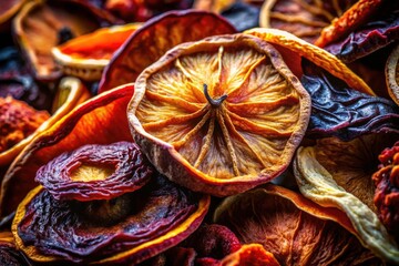 Abstract macro photography captures the elegant silhouettes of dried fruit layers, showcasing intricate details and contrasting light.