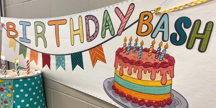 Colorful birthday bash banner with candles and cake decoration